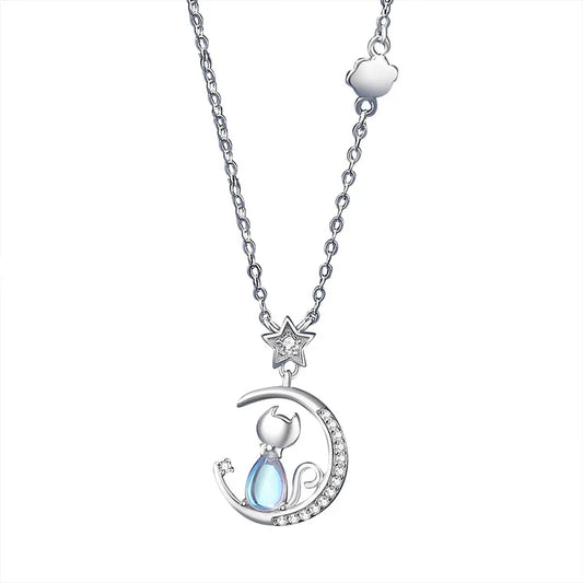 Cat & Moon Star Sterling Silver with Blue Zircon Gemstone Necklace