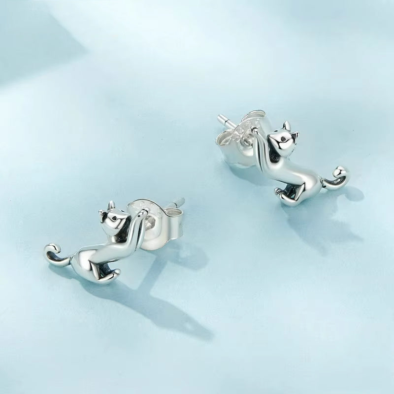 Bowing Kittens Sterling Silver Earrings