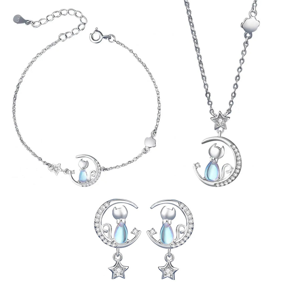 Cat & Moon Star Sterling Silver with Blue Zircon Gemstone Necklace Earrings Bracelet Jewellery Set