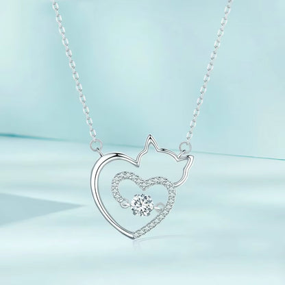 Cat Heart Sterling Silver with Zircon Gemstone Plated Platinum Necklace