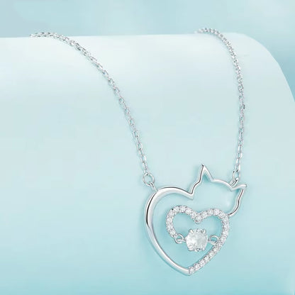 Cat Heart Sterling Silver with Zircon Gemstone Plated Platinum Necklace