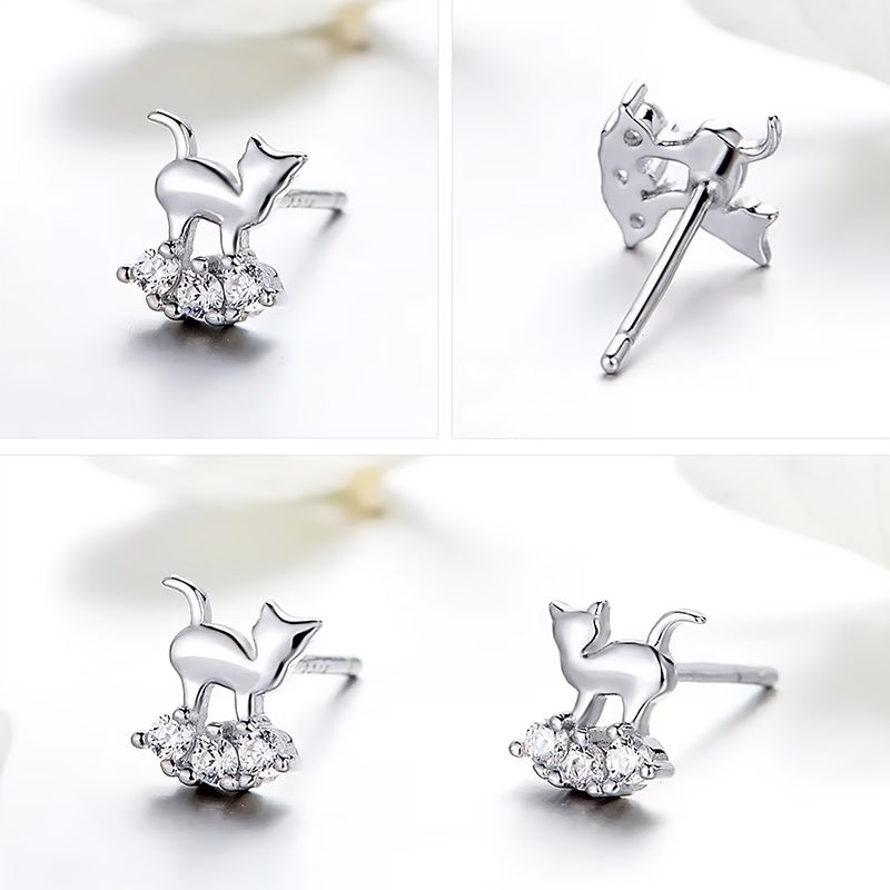 Cat Walking On Clouds Zircon Gemstone Sterling Silver Earrings