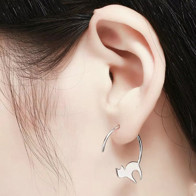 Playful Cat Hanging Tail Sterling Silver Drop Earrings