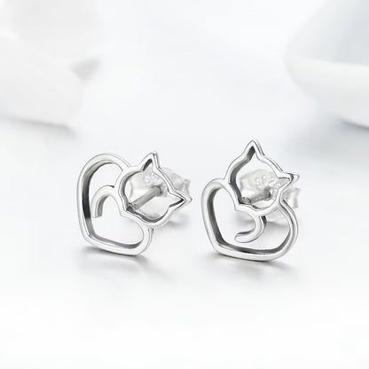 Cat Heart Polished Sterling Silver Earrings