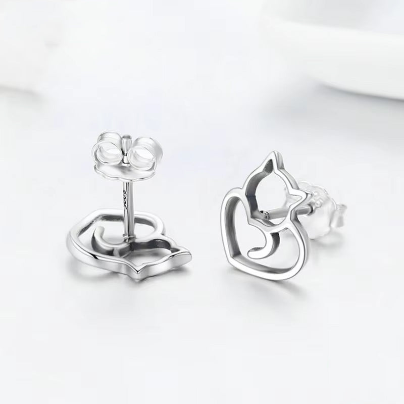 Cat Heart Polished Sterling Silver Earrings