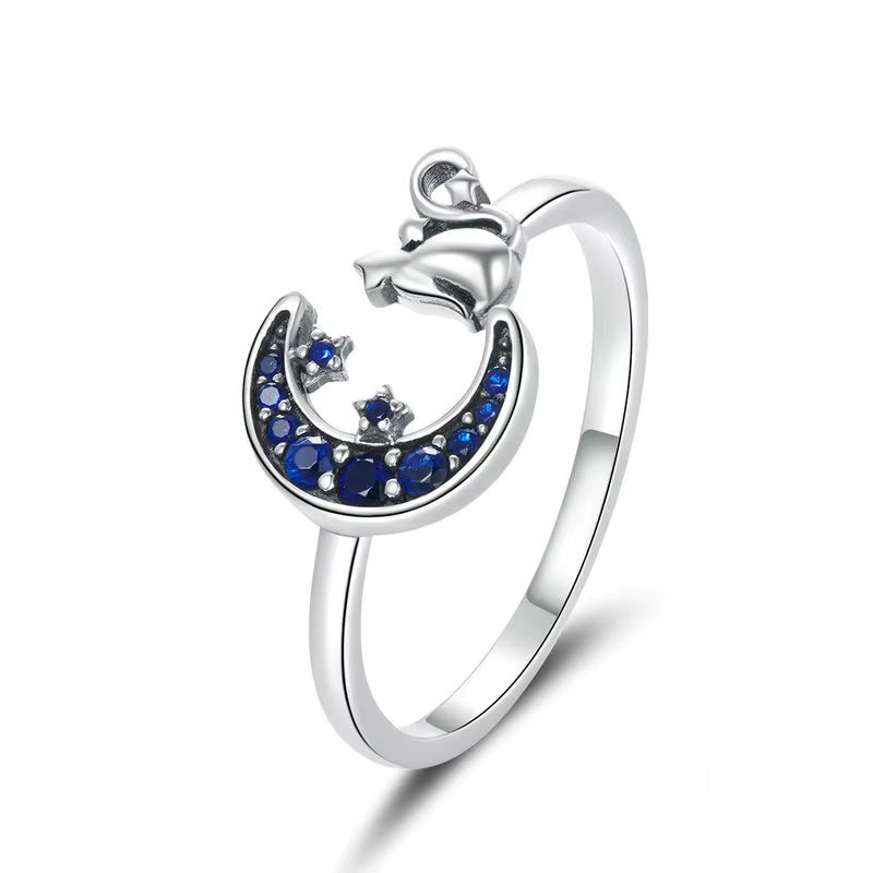 Cat & Moon Night Sky Sterling Silver Blue Zircon Ring