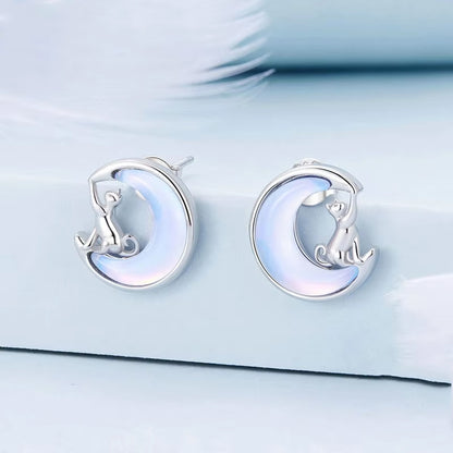 Cat & Moonstone Sterling Silver Earrings