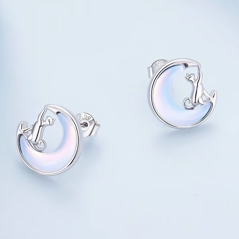 Cat & Moonstone Sterling Silver Earrings