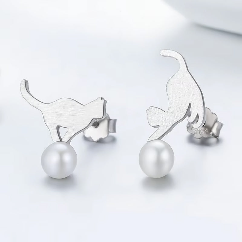 Playful Cat Pearl Sterling Silver Earrings