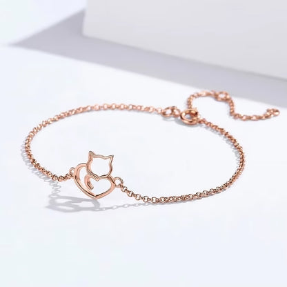 Cat Heart Sterling Silver Rose Gold Bracelet