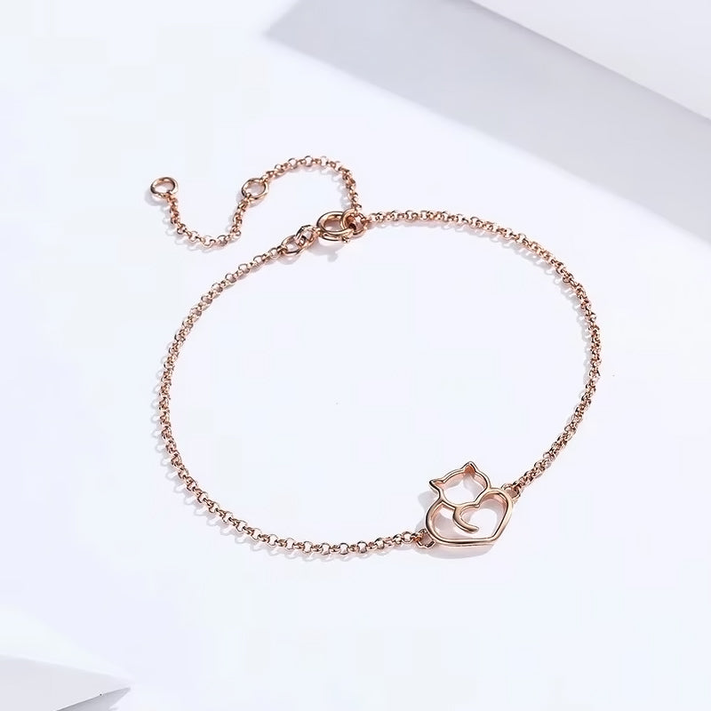 Cat Heart Sterling Silver Rose Gold Bracelet