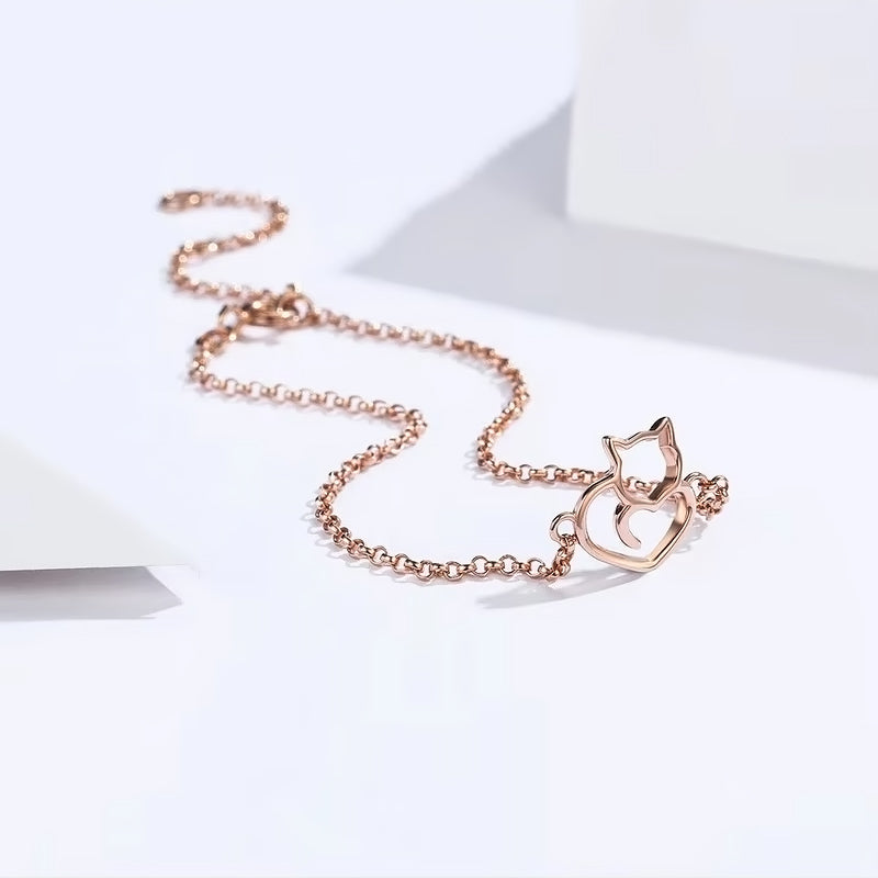 Cat Heart Sterling Silver Rose Gold Bracelet