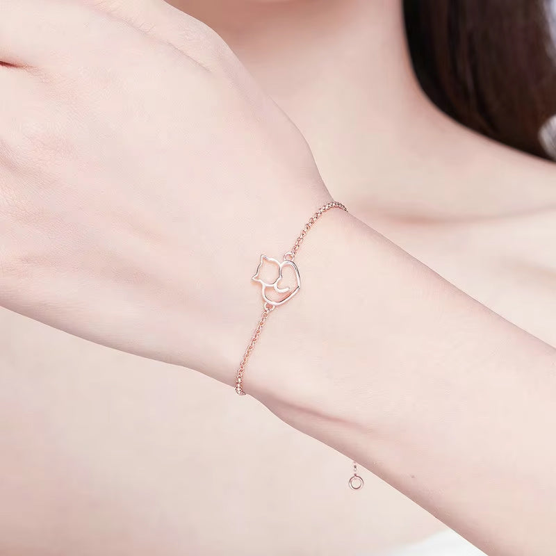 Cat Heart Sterling Silver Rose Gold Bracelet