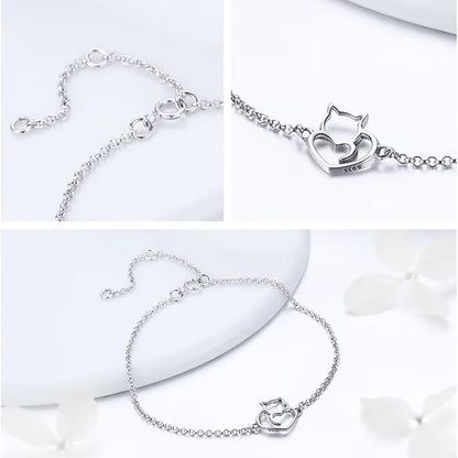 Cat Heart Sterling Silver Plated Platinum Bracelet