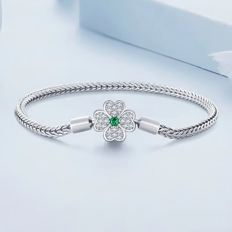 Lucky Four Leaf Clover Sterling Silver Zircon Gemstone Charm Bracelet