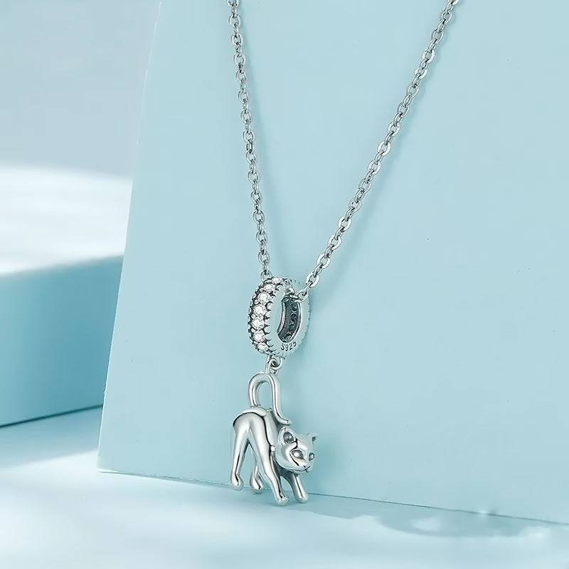 Tail Hanging Cat Zirconia Gemstone Sterling Silver Pendant Charm