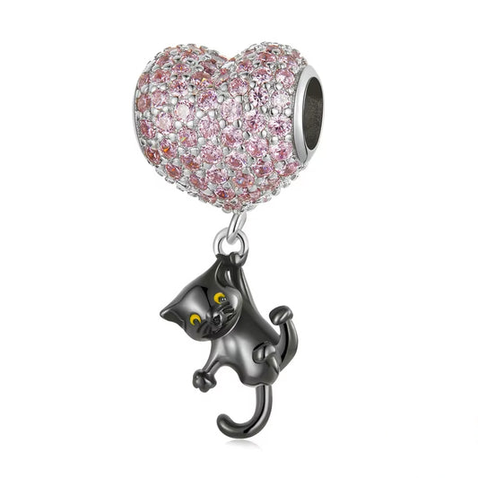 Heart-Shaped Balloon & Cat Plated Black Gold Sterling SIlver Pendant Charm