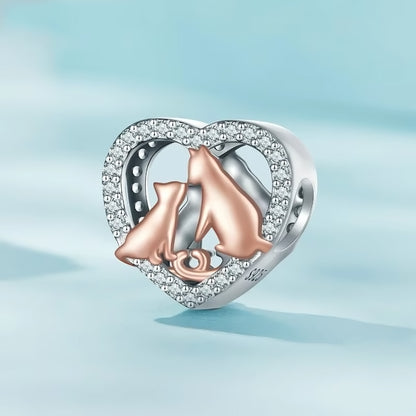 Kissing Cats Love Heart Sterling Silver Plated Platinum Rose Gold Charm