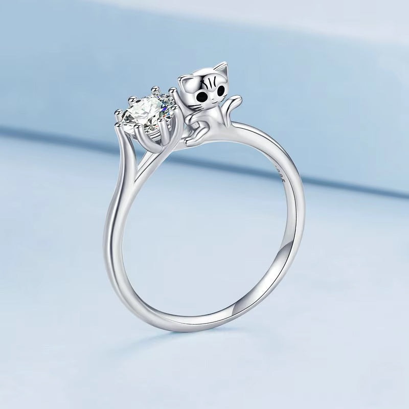 Hugging Cat Zirconia Gemstone Silver Sterling Plated Platinum Ring