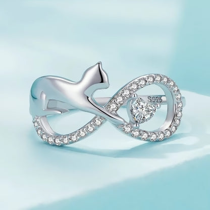 Sparkling Infinity Cat Zircon Gemstone Sterling Silver Ring