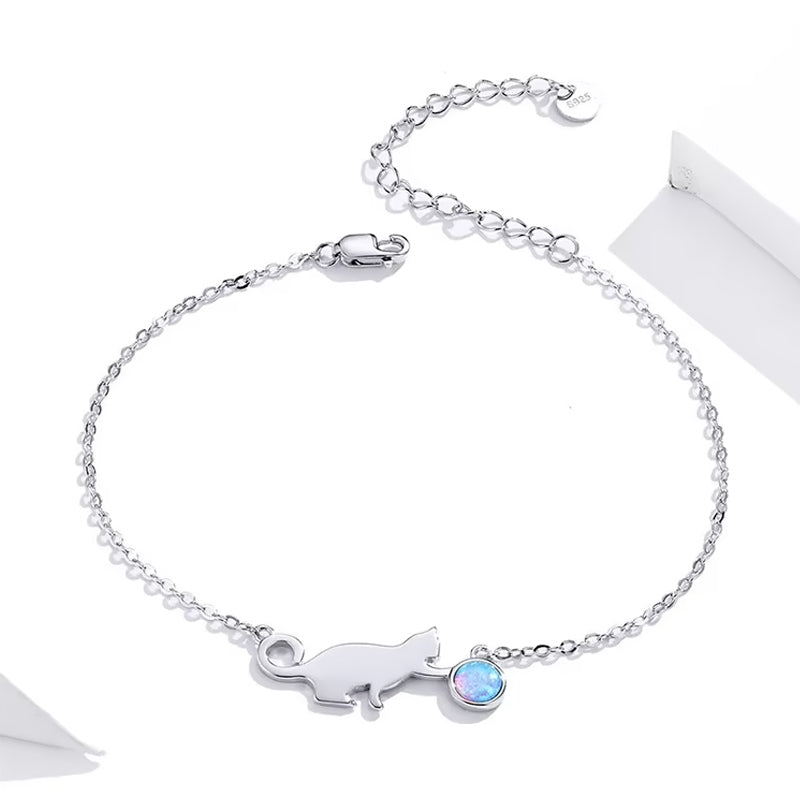 Opal Playing Cat Plated Platinum Sterling Silver Bracelet