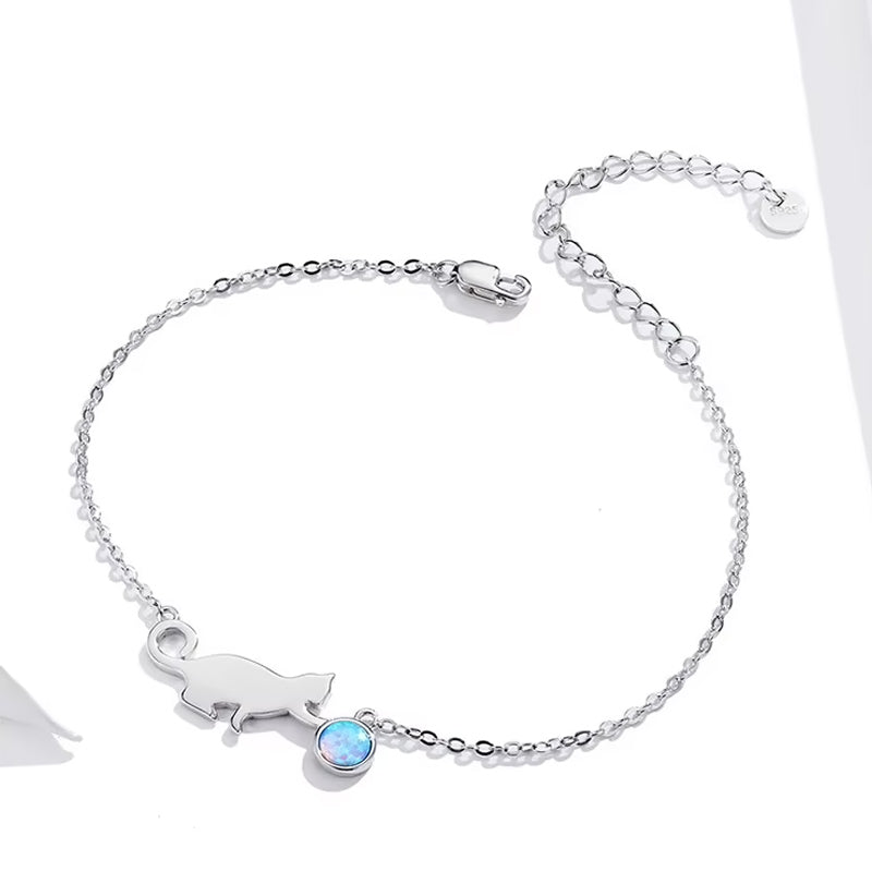 Opal Playing Cat Plated Platinum Sterling Silver Bracelet