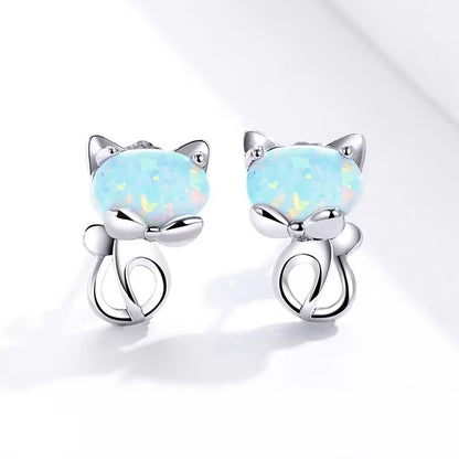 Opal Face Cat Sterling Silver Earrings