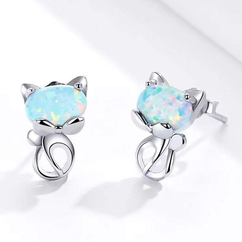 Opal Face Cat Sterling Silver Earrings