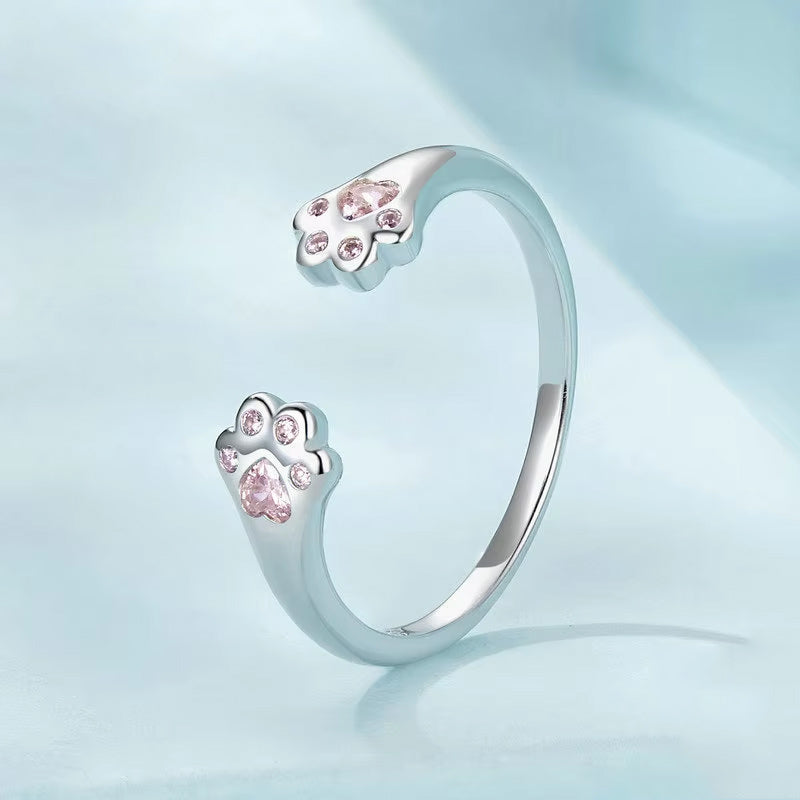 Pink Cat Paws Plated White Gold Sterling Silver Ring