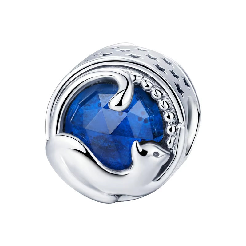 Cat & Blue Starry Night Sky Sterling Silver Charm