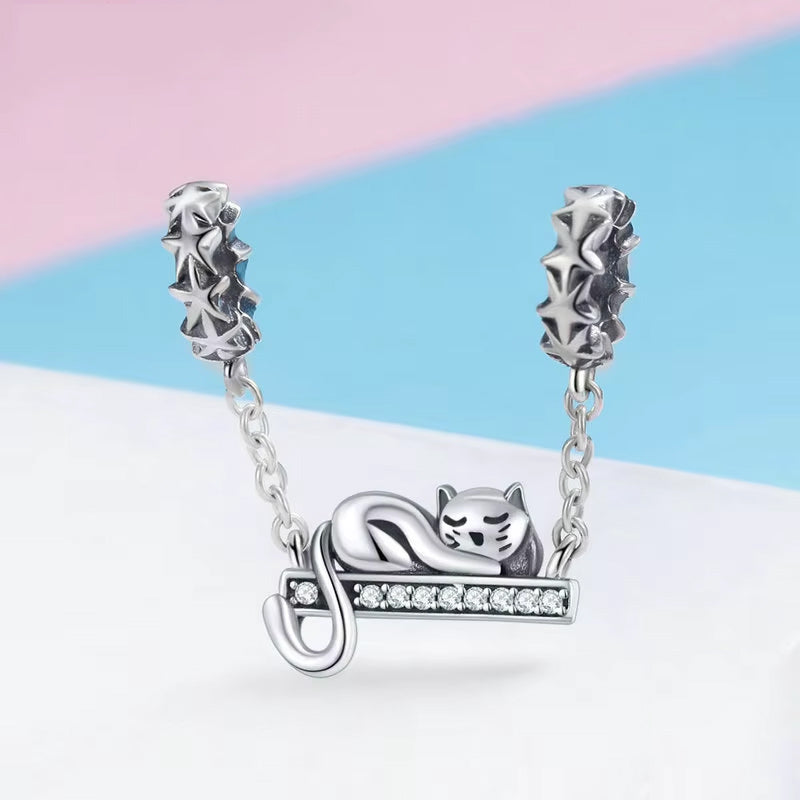 Sleeping Cat Swing Sterling Silver Pendant Charm