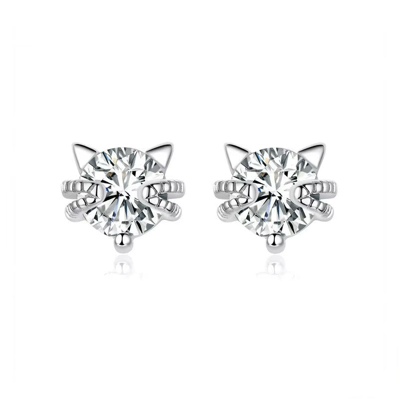 Sparkling Cats Zirconia Gemstone Sterling Silver Platinum Plated Earrings