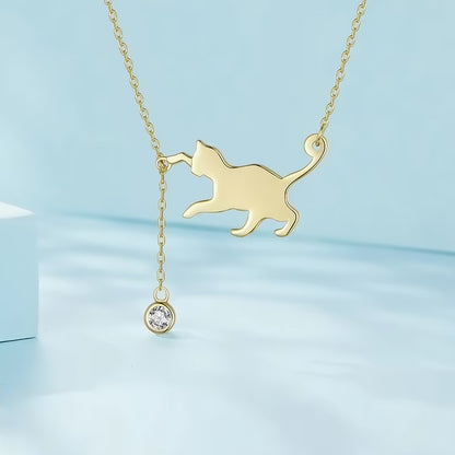 Playful Cat with Hanging Zirconia Gemstone Sterling Silver Plated Gold Necklace